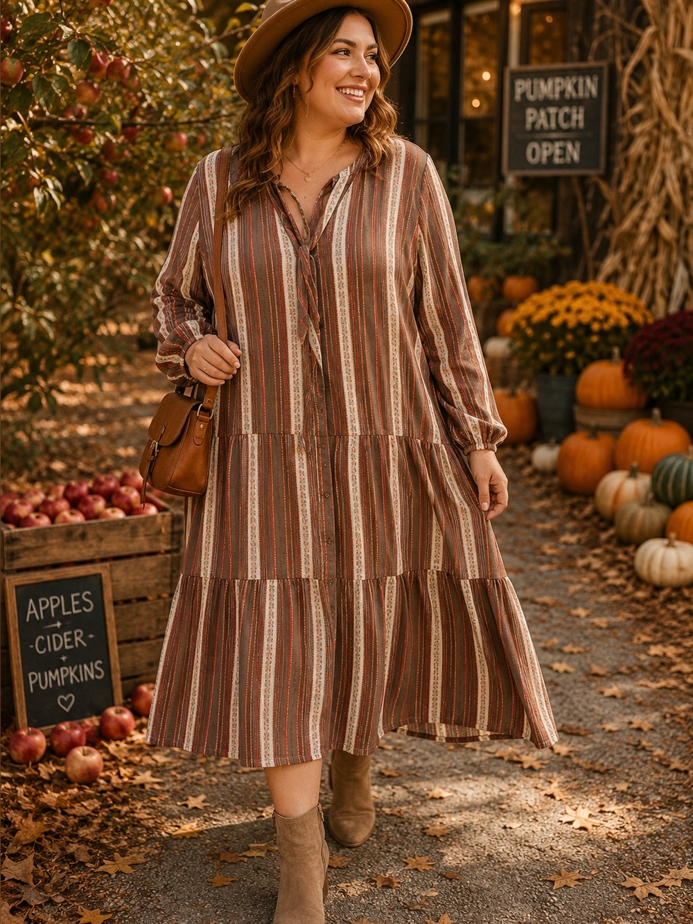 Striped Tiered Midi Dress in Brown